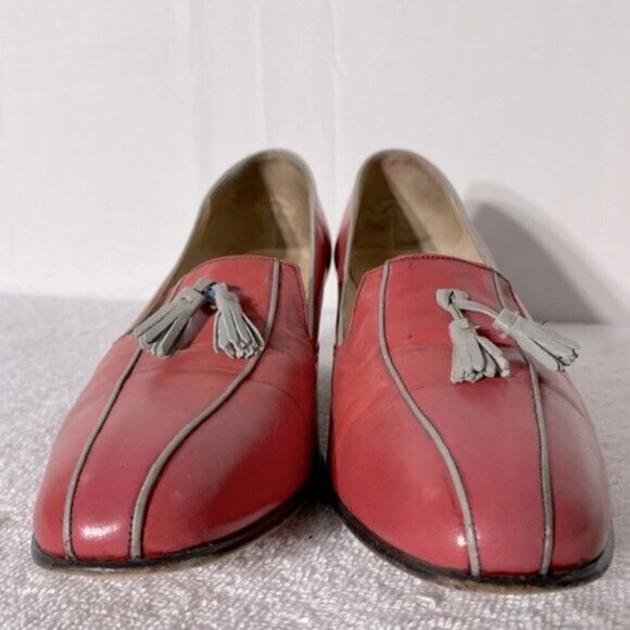 Vintage Barker Coral Leather Slip On Low Heel Loafers W Grey Tassels 9 - Picture 13 of 16